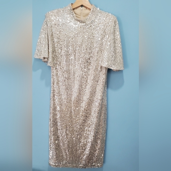 Eliza J Women's Sequined‎ Flutter-Sleeve Mock Neck Cocktail Dress Size 10 - Picture 10 of 13